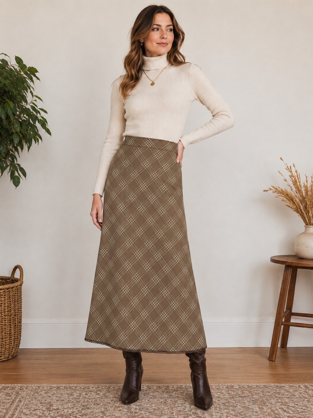 Marconi Vintage Wool Blend Plaid Maxi Skirt Size 12 Lace Trim Made In Italy